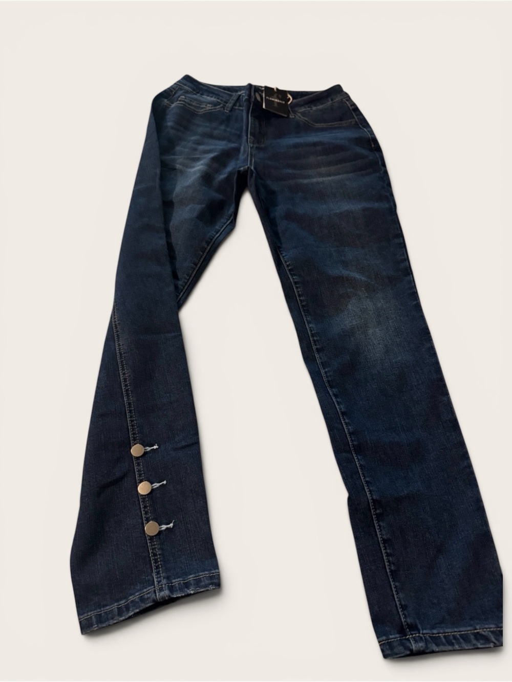 NWT Flamingals Dark Wash Button Cuff Jeans SZ L waist flat 15”rise 10”inseam 29”